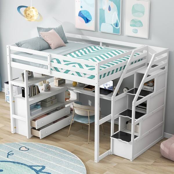 slide 2 of 32, Full Loft Bed with Desk, Shelving, Drawers, and Storage Staircase White - Full