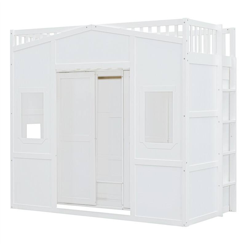 Solid Wood Loft Bed w/ Bulit-in Wardrobe, Hanging Rod & Storage Shelves, Twin/Full Size Playhouse Design Loft Bedframe w/ Window