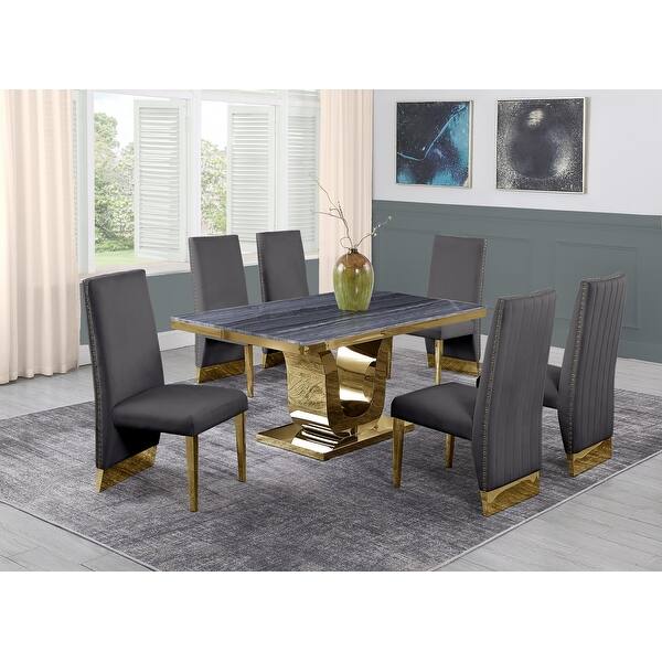 slide 1 of 29, Best Quality Furniture Grey Marble 5 or 7 pc Set w/Pleated Chairs