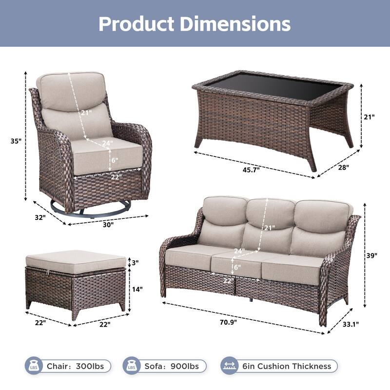 Arcadia 8-Piece Wicker Patio Conversation Set with Swivel Gliders and 6-Inch Thick Olefin Cushions