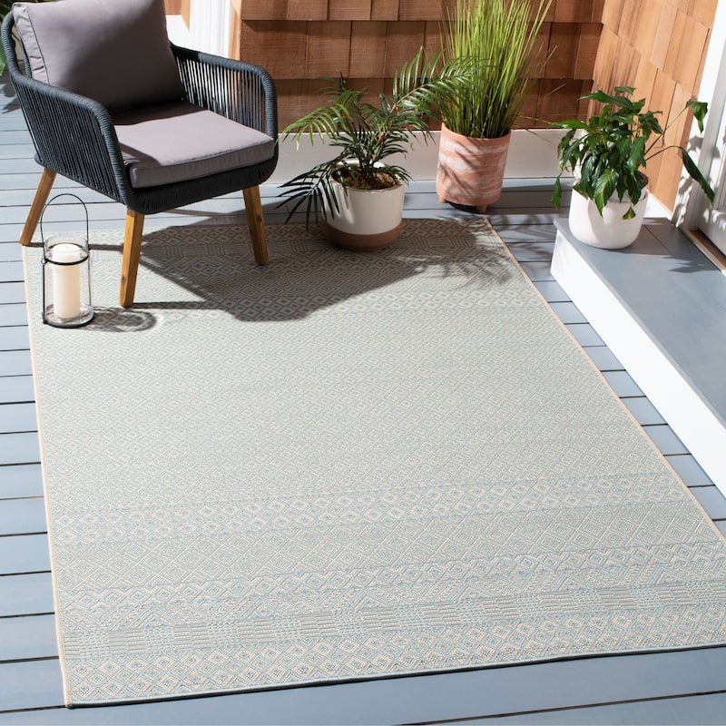 SAFAVIEH Courtyard Shikibu Indoor/ Outdoor Waterproof Patio Backyard Rug - 4' x 5'7" - Beige/Aqua