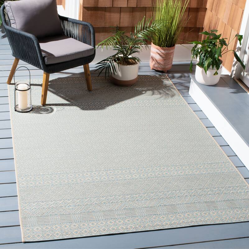 SAFAVIEH Courtyard Velia Indoor/ Outdoor Waterproof Patio Backyard Rug - 4' x 5'7" - Beige/Aqua