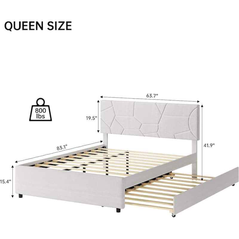 Upholstered Trundle Bed with Headboard, Twin to Full Pull-Out Bed with Wood Slats, for Guest Room/Bedroom