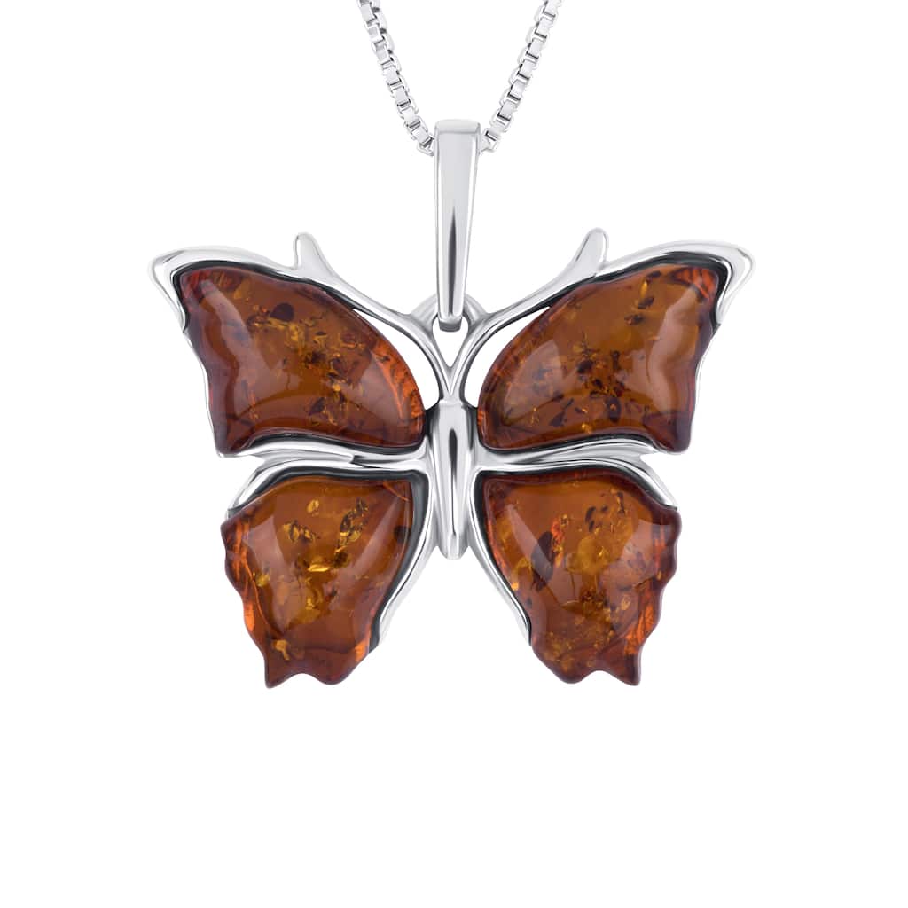 Baltic Amber Butterfly Pendant Necklace in Sterling Silver