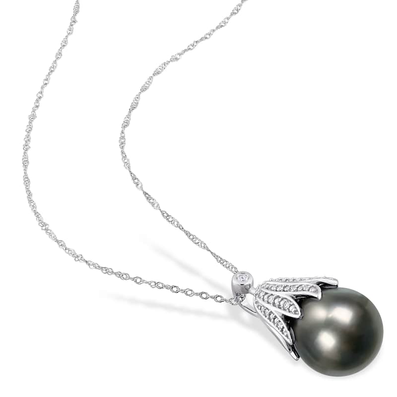 Miadora Black Tahitian Cultured Pearl & Diamond Accent Pendant in 14k White Gold (10-11mm)