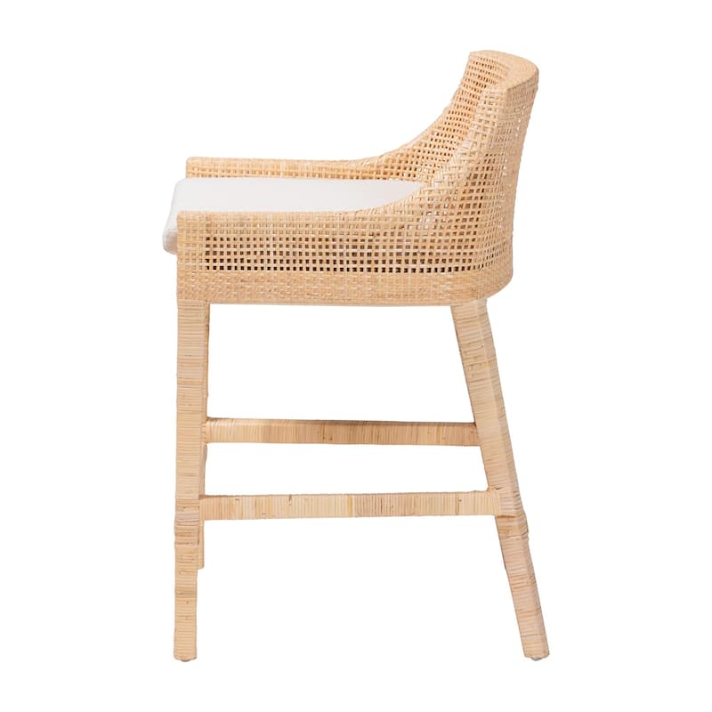 Beata Natural Rattan Counter Stool - Handcrafted Wingback Counter Chair with Removable Cushion, Coastal Boho Style