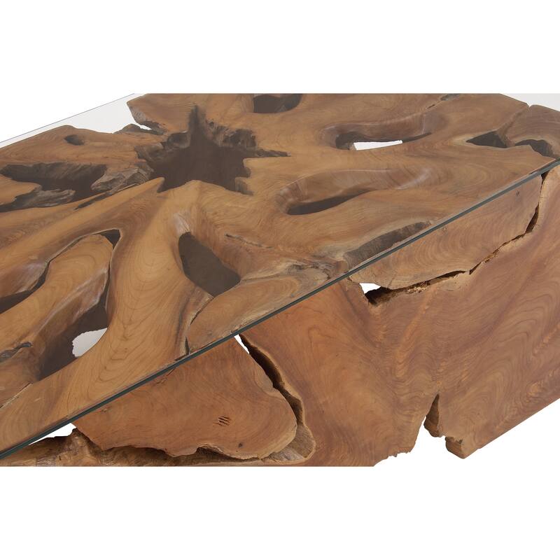 Teak Wood Handmade Live Edge Tree Stump Coffee Table with Clear Glass Top - Brown - Roche River Decor - 28"W x 40"L x 18"H