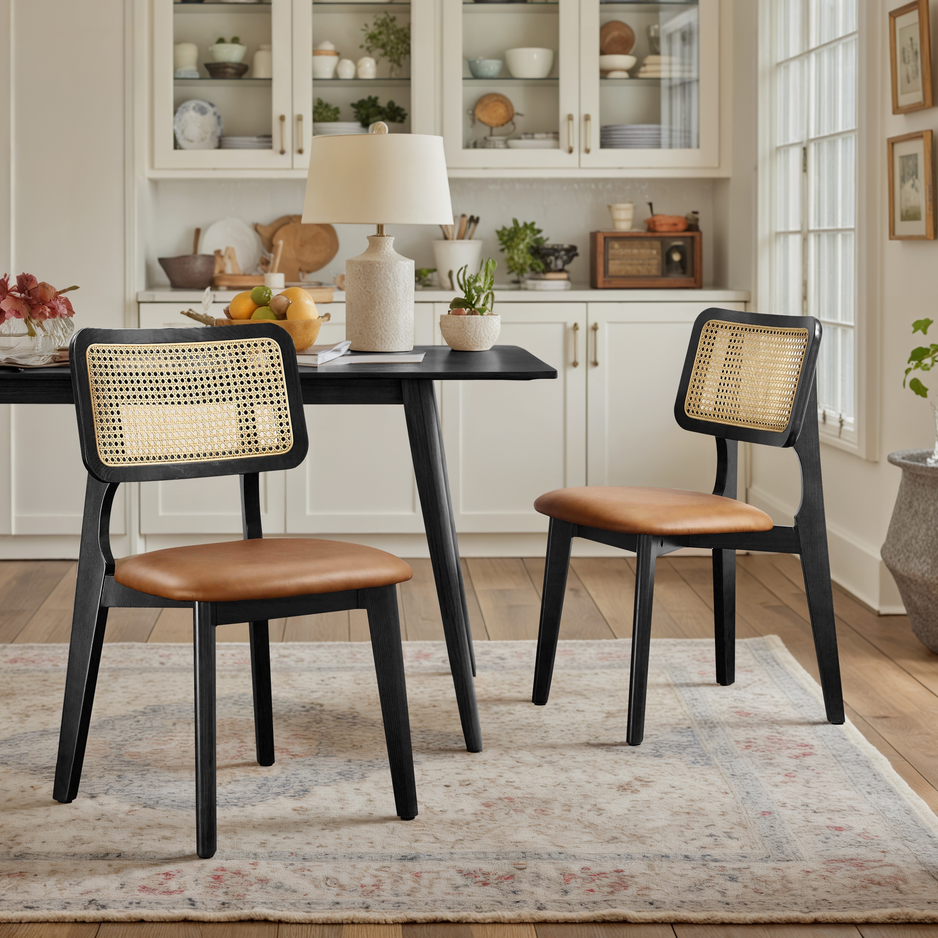 Art Leon Cane Backrest Leather Dining Chairs (Set of 2)