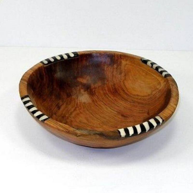 Hand-carved Rustic Olive Wood Bowl, Handmade in Kenya - 8" - Bone Inlaid
