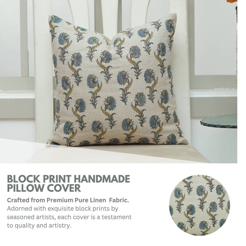 Fabdivine Blue Floral 18x18 Inch Handmade Block Print Pillow Cover Square Soft Pure Linen Home or Room Décor, Daffodil