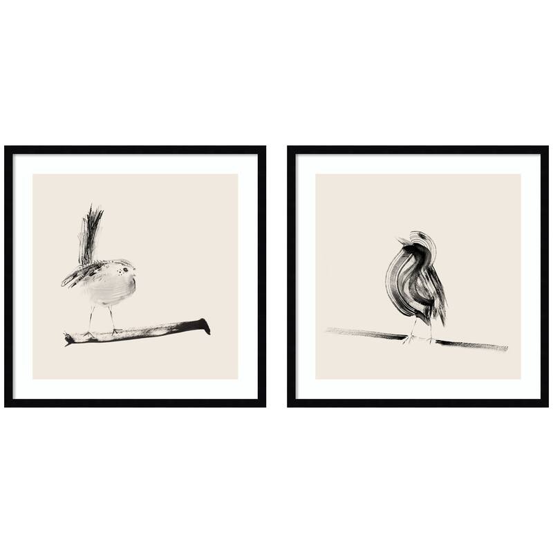 Kate and Laurel Sketched Bird On Branch 2 Piece Framed Wall Art Print Set by Danushka Abeygoda - 2 Piece Set 25x25 - Black
