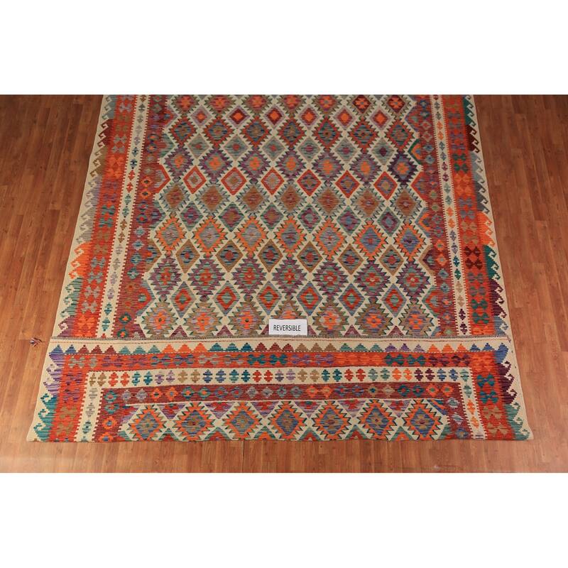 Geometric Kilim Oriental Large Rug Bedroom Hand-Woven Wool Carpet - 9'11"x 16'2"