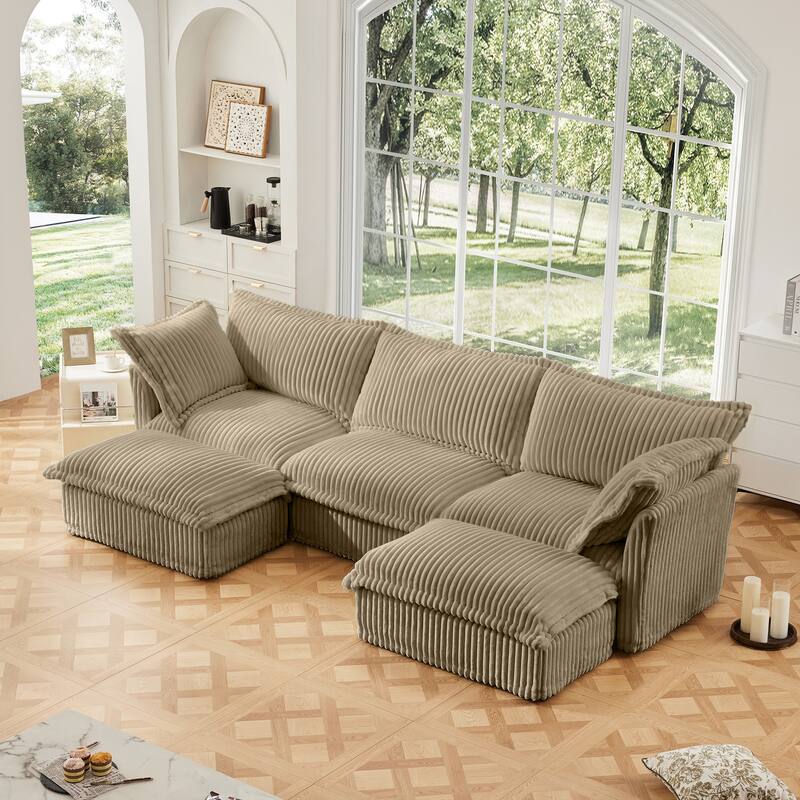 120" U-Shaped Corduroy Sectional Sofa with Slipcover & Cloud Cushions