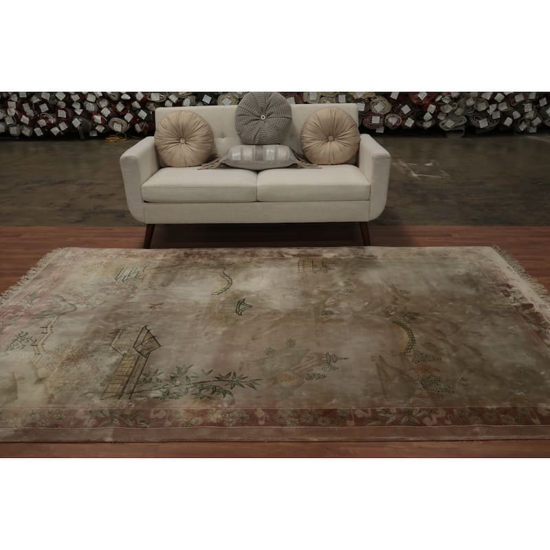Hand Knotted Oriental Silk Carpet Traditional Pictorial Brown Art Deco Area Rug - 9' 2'' X 6' 0''