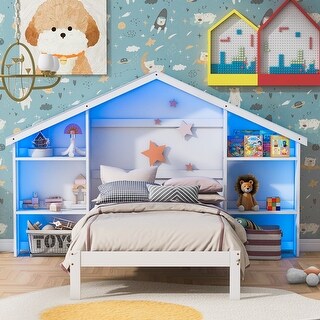 Twin Size Platform Bed with House Headboard & LED Lights for Kids, White