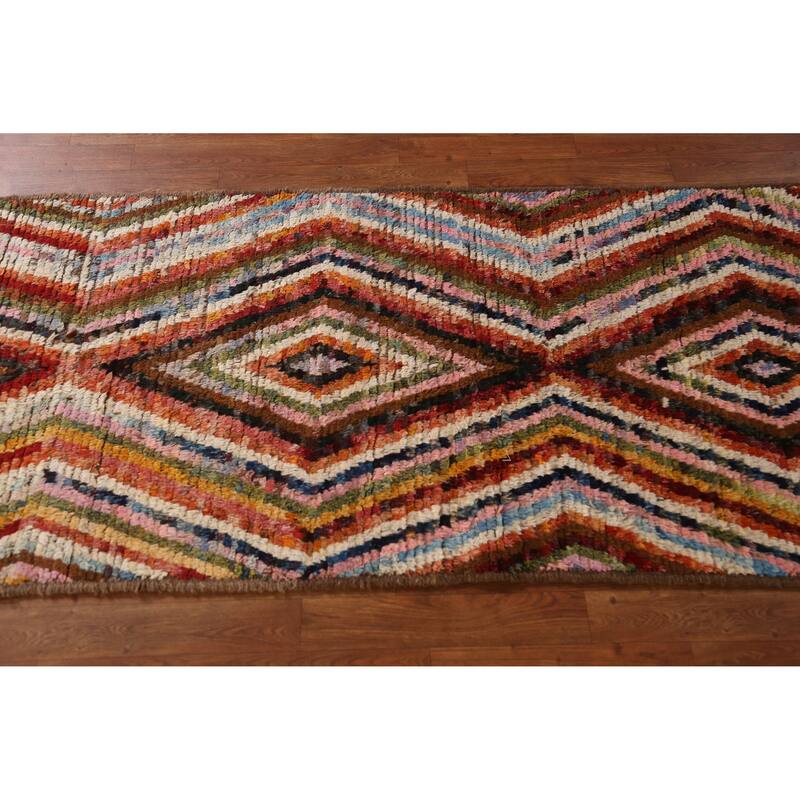 Geometric Moroccan Runner Rug Hand-Knotted Tribal Oriental Wool Carpet - 2'11" x 9'5"