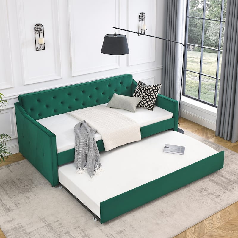 Green Velvet Upholstered Tufted Sofa Bed Twin Size Daybed with Trundle and Curved Arms for Living Room, Guest Room