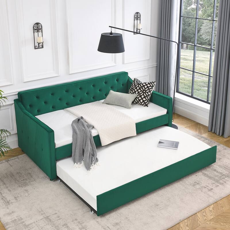 Roomfitters Twin Upholstered Daybed with Twin Trundle, Tufted Backrest and Elegant Waved Arms