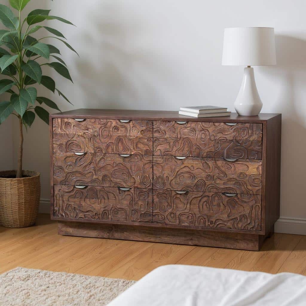 HomeRoots 57" Brown Carved Abstract Solid Wood Six Drawer Dresser