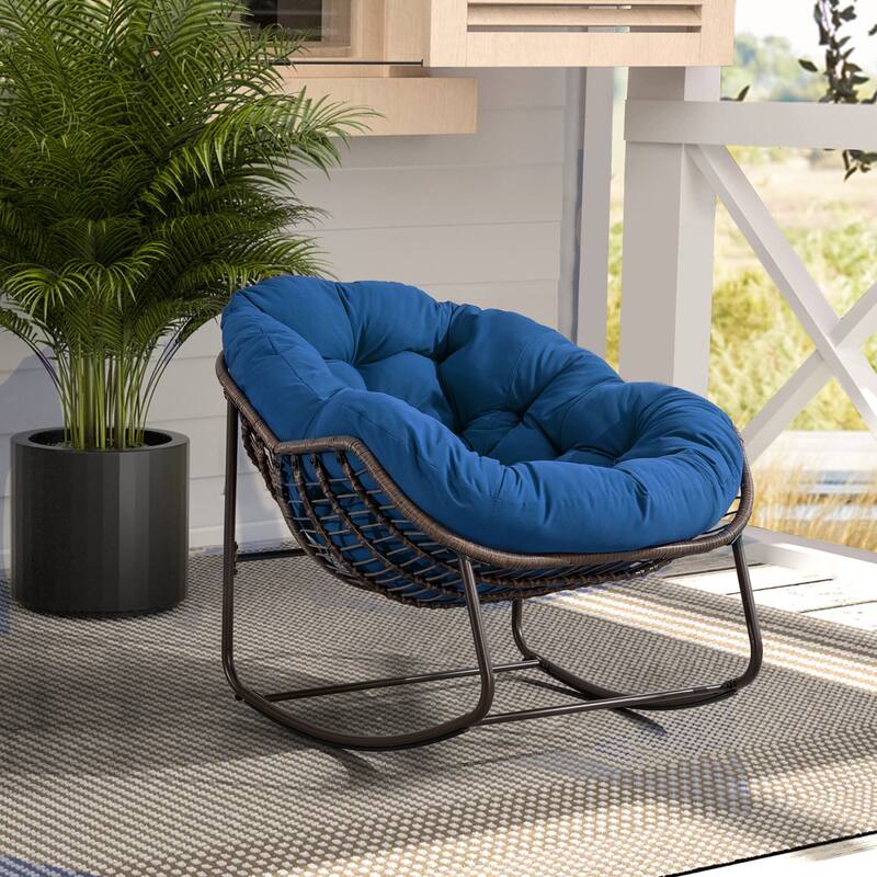Outdoor rattan rocking chair, padded penguin rocking chair,lounge chair Outdoor for Front Porch,Living Room,Patio,Garden - Navy Blue