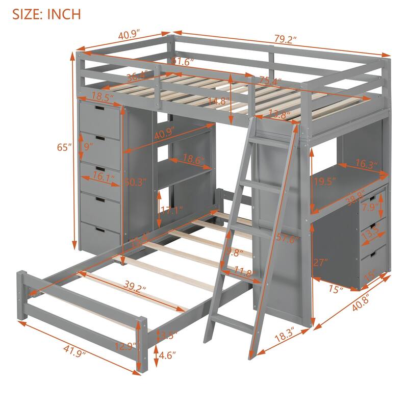 Twin over Twin Bunk Bed with LED Light and USB Ports