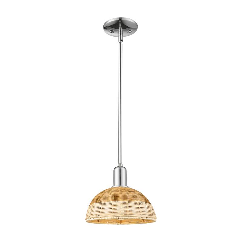 Innovations Lighting Downtown Urban - Natural Ballston Dome - 1 Light 9" Stem Hung Mini Pendant with Basketweave Shade - Polished Chrome
