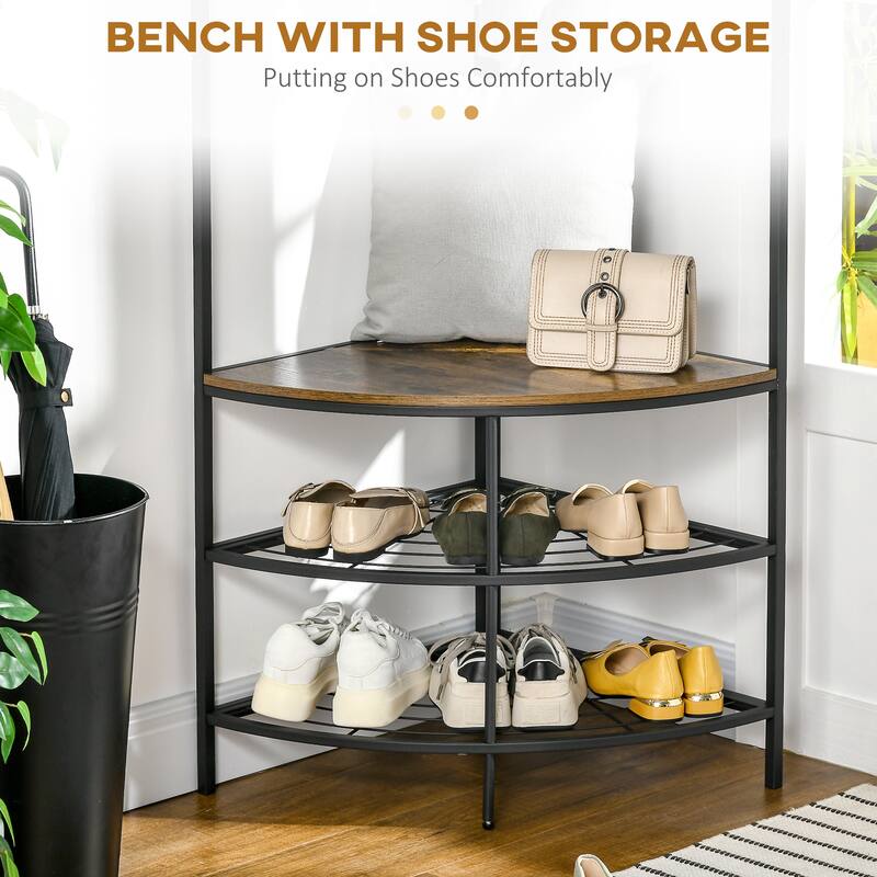 HOMCOM Industrial Corner Hall Tree with Shoe Bench, Entryway Coat Rack, Freestanding Coat Tree with 6 Double Hooks, Rustic Brown