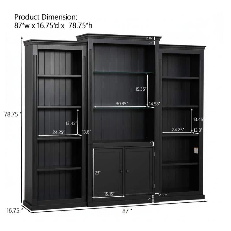 Farmhouse 3-Piece 78.75"Tall Bookcase Cabinet with and 4-Tier Display Shelf Adjustable LED Lighting