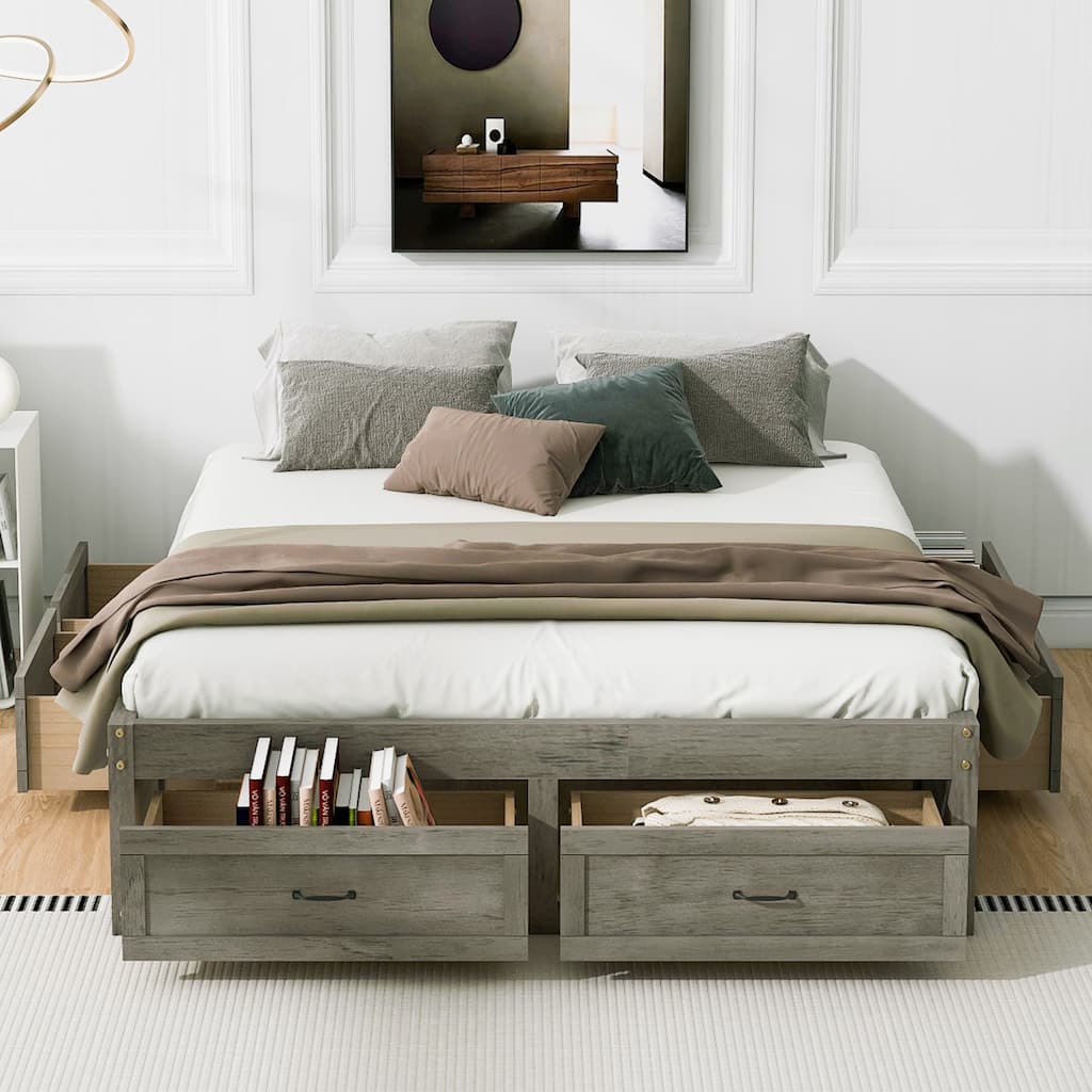 QueenSize Platform Bed with 6 Storage Drawers, Antique Gray, Sleek Design for Bedroom Organization