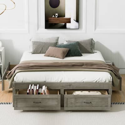 Storage-Functional Mattress Foundation Antique Finish Wood Platform Bed Frame Slat Support with Under-bed 6 Storage Drawers