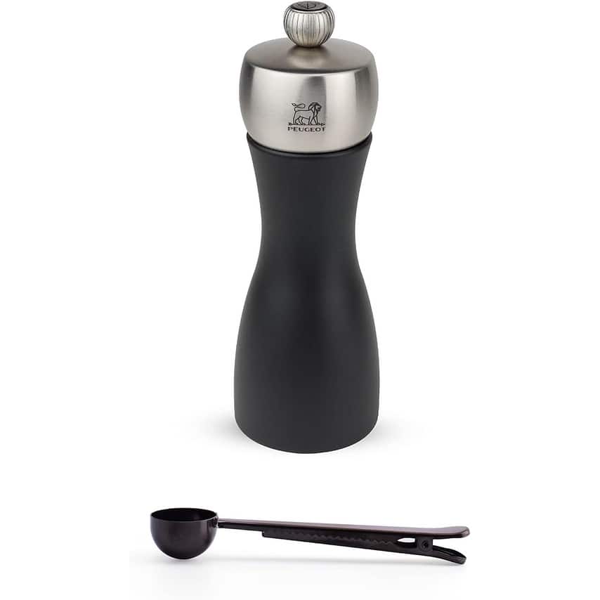 Peugeot Fidji 6 Inch Pepper Mill, Black Matte - With Stainless Steel Spice Scoop & Clip