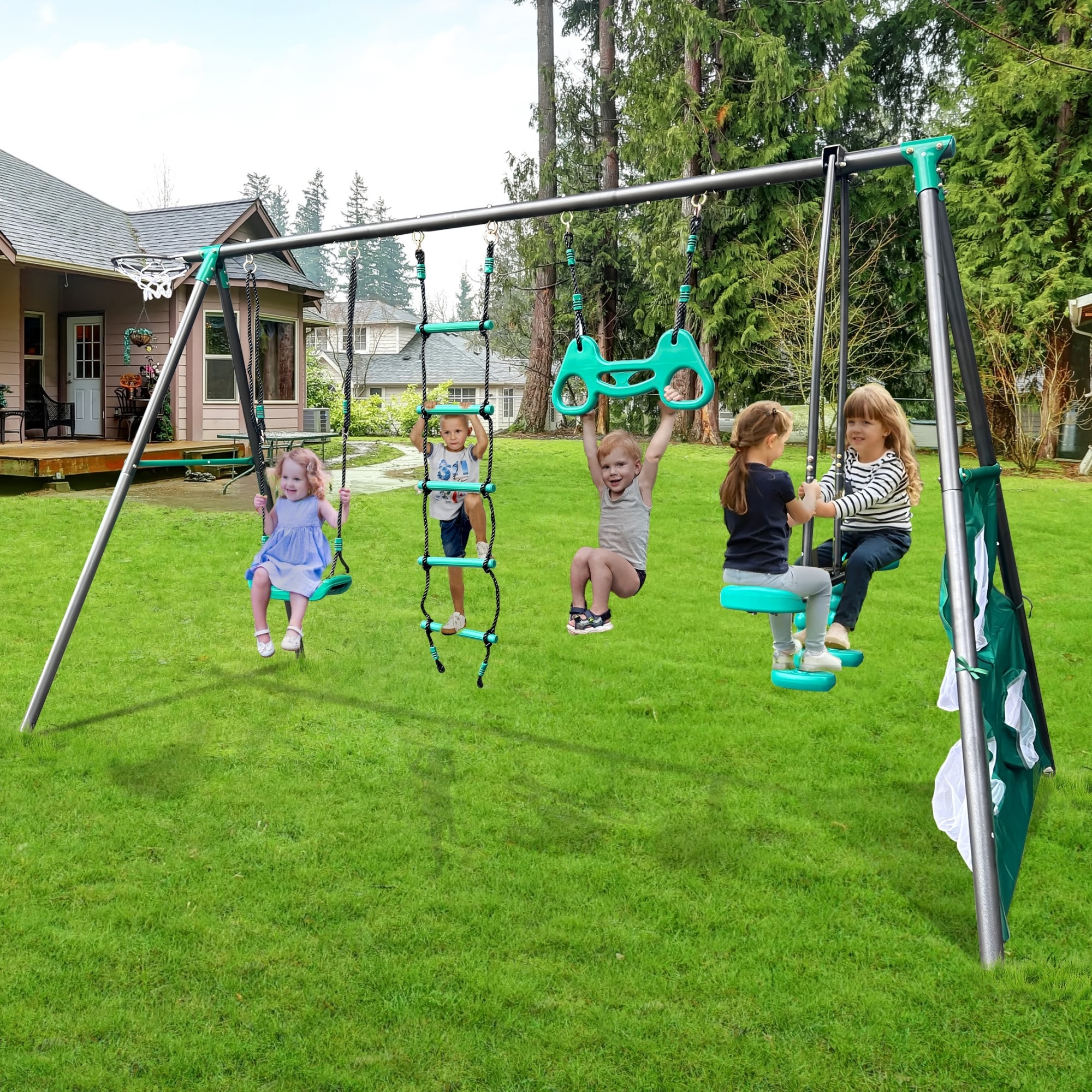 Outdoor Swing Set w/Durable Metal and Plastic, Safe Play Equipment w/Face-to-Face Swing, Basketball Hoop and Soccer Net