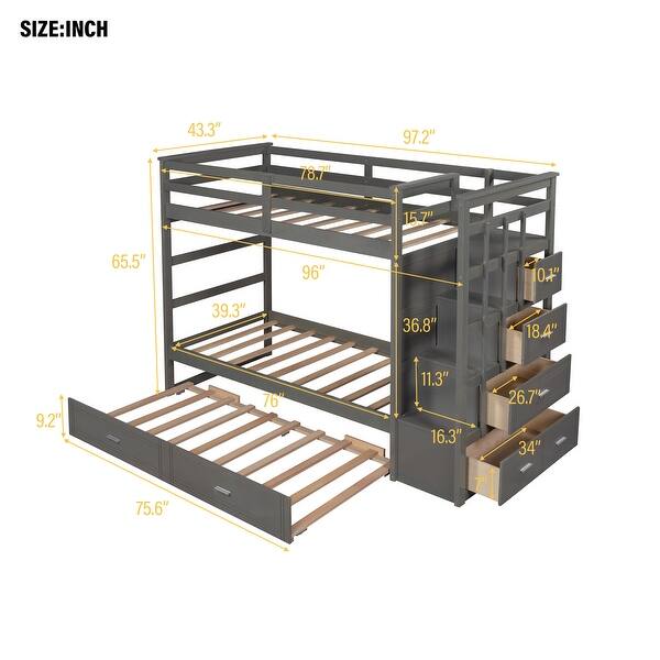 dimension image slide 2 of 3, Twin Over Twin Wood Bunk Bed for Kids with Trundle and Staircase(4 Storage Drawers)