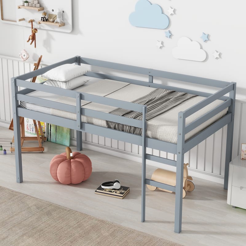 Solid Wooden, Rubber Wooden Twin Loft Bed with Ladder, Bed Platform of Strengthened Slats