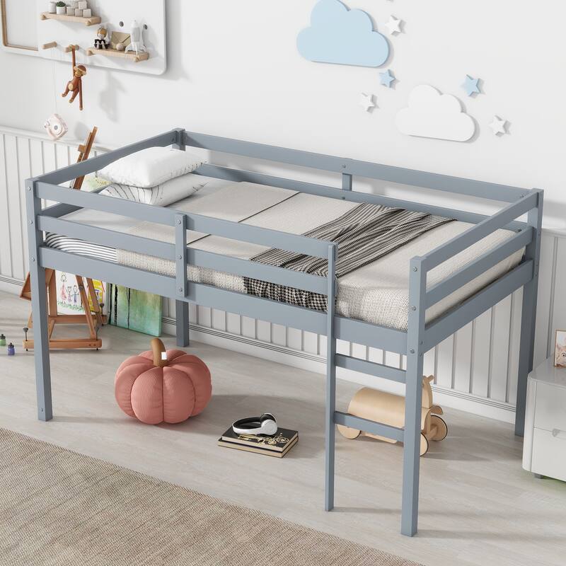 Wooden Twin Loft Bed with Wide-Step Ladder, Low-Height Design, Reinforced Slats, & Spacious Underbed Storage
