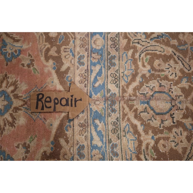 Distressed Mashad Persian Vintage Rug Hand-Knotted Pink Wool Carpet - 9'7"x 12'10"