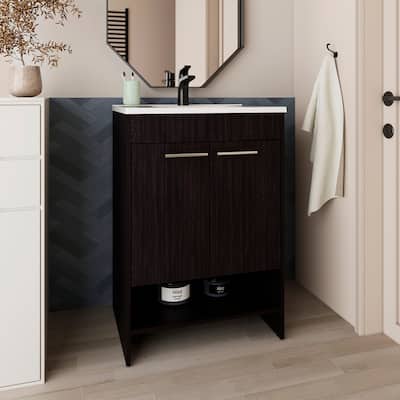 Black Wengue Bathroom Vanity - 2 Doors & 2 Shelves, 23.2" Wide Engineered Wood Storage Cabinet