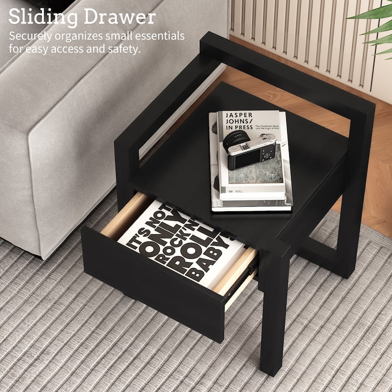 Modern End Table Set of 2, Square 2-Tier Nightstand with Storage Drawer, Side Table with Wood Legs for Living Room, Bedroom