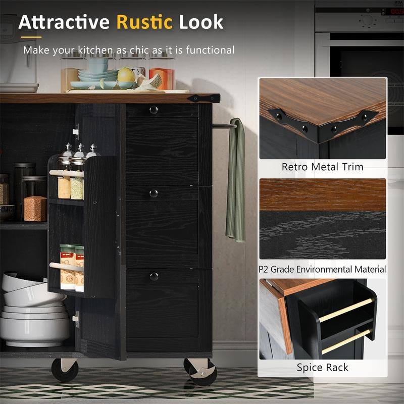 Farmhouse Kitchen Island with Power Outlet, Rolling Kitchen Cart on Wheels with Internal Storage Rack, Drop Leaf, Spice Rack