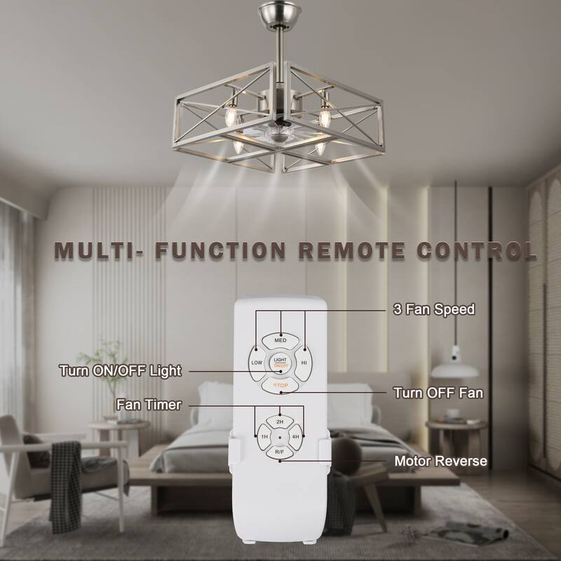 20" Cube Chrome Steel Caged Ceiling Fan with Lights, 4-bulb Modern Caged Pedant Lights Ceiling Fan, Fandelier Remote Control