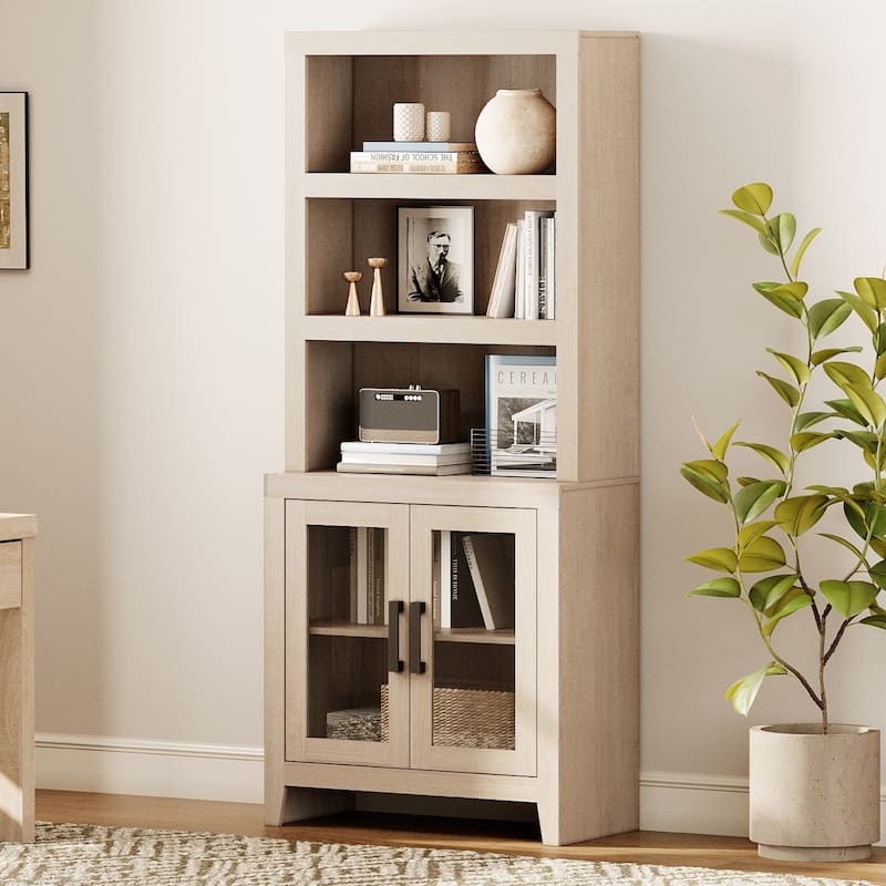 WAMPAT 3 Tier Bookshelf with Glass Door, 74" Tall Bookcase with Adjustable Shelf and Storage Cabinet, Farmhouse Wooden Bookshelf - 31-inch width - Beige