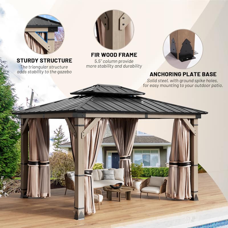 10X12FT Outdoor Wood Frame Patio Gazebo, Metal Pavilion with Curtain and Netting
