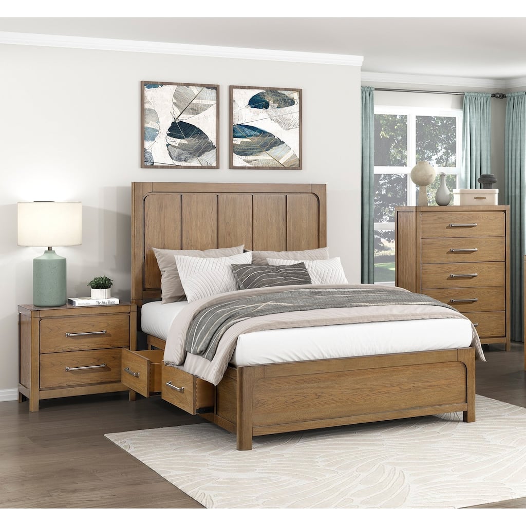 Modern Bedroom 3pc Set Storage Bed Chest Nightstand Light Brown Finish