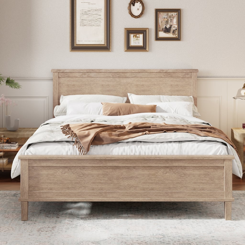 Mid-Century Wood Platform Bed with Headboard and Wood Slat Support