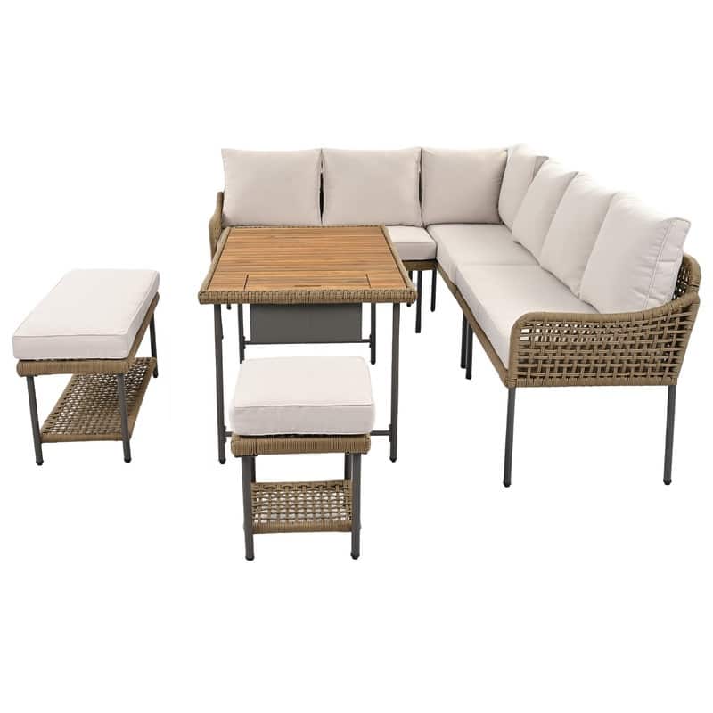 6-Piece L-Shaped Outdoor Sectional Sofa Set with Acacia Wood Table and Ice Box for Comfortable Patios