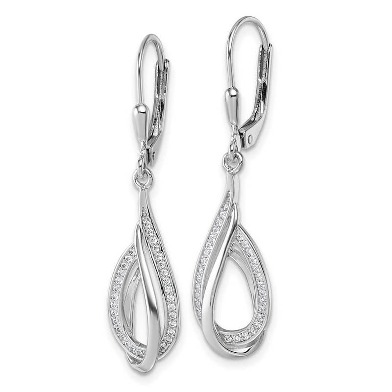 Curata 925 Sterling Silver Rhodium Cubic Zirconia Swirl Teardrop Leverback Earrings - 40x10mm