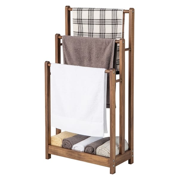 slide 2 of 10, Gymax 3-Bar Freestanding Towel Rack w/ Bottom Storage Shelf Brown - Wood Finish