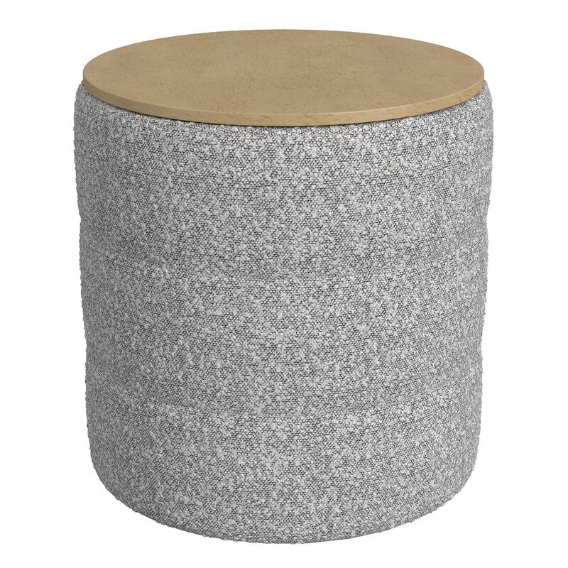Mona Storage Ottoman, 19 Inch Round Lift Top, Channeled Gray Boucle