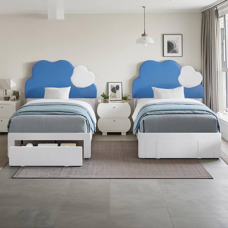 VECELO Twin Bed Upholstered Bed Frame with Storage Drawer, Platform Kids Bed Frames with Cloud-Shaped Headboard