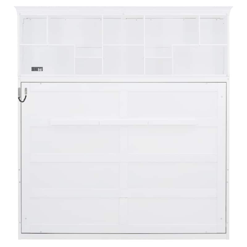 Foldable Wall Cabinet Bed Queen Size Murphy Bed with Open Top Shelves, Charging Station and Wooden Slat Support